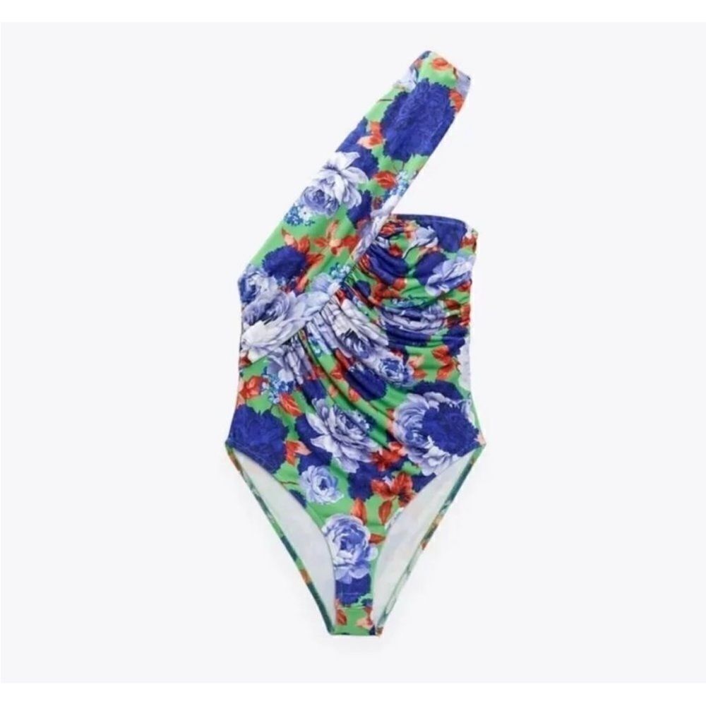 Zara Floral Print One Shoulder Asymmetrical Bodysuit Women’s Ruched Top